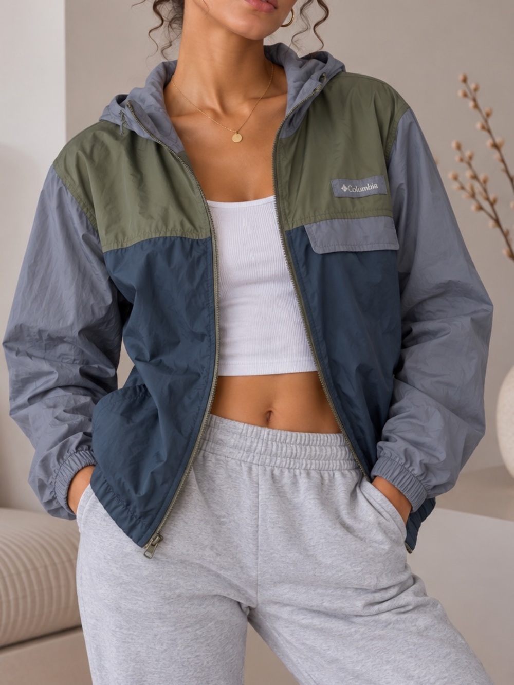 Columbia Hooded Windbreaker Jacket - Olive Green & Gray